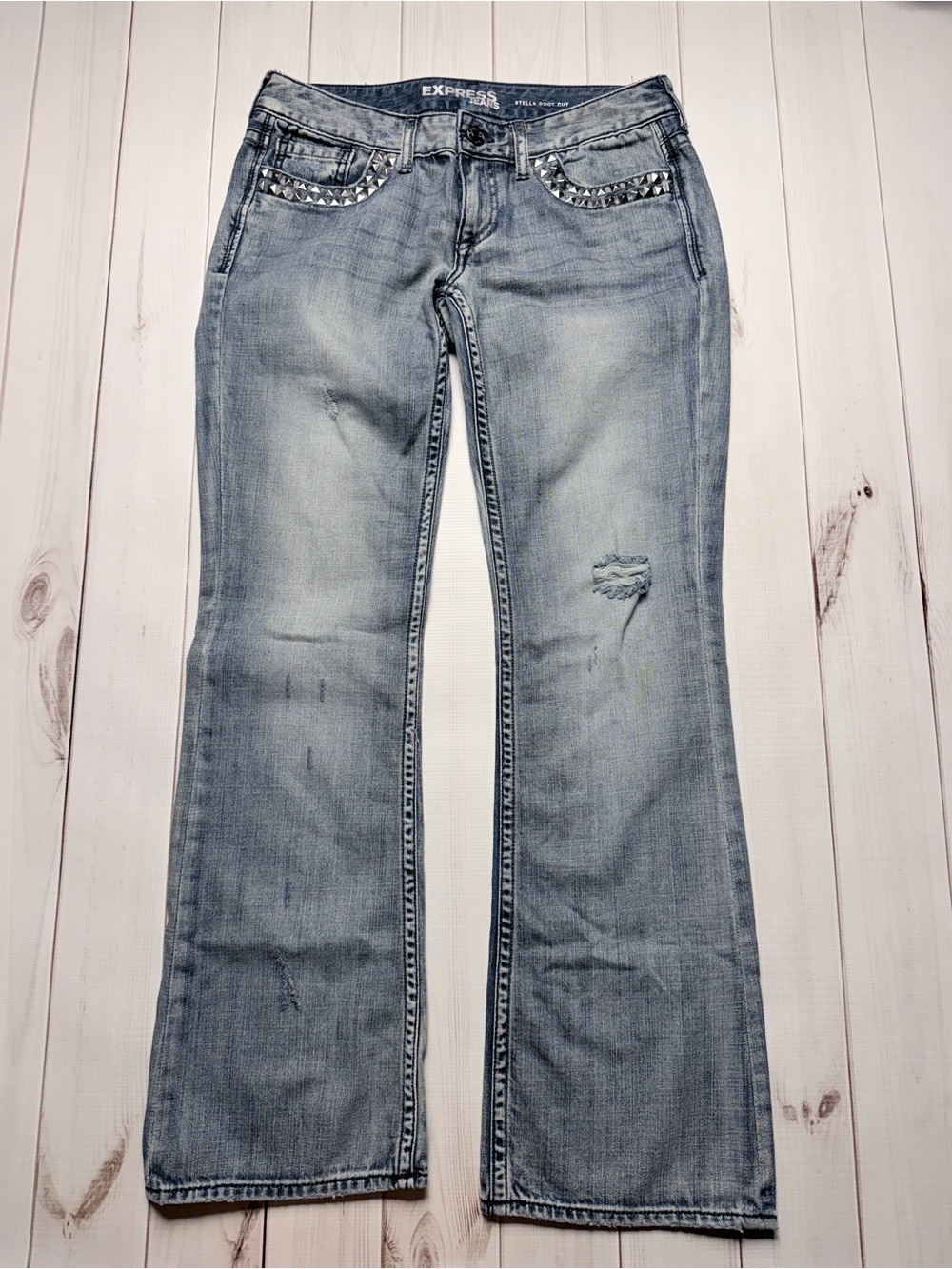 Express Light Blue Flare Jeans with Studded Pocket Trim